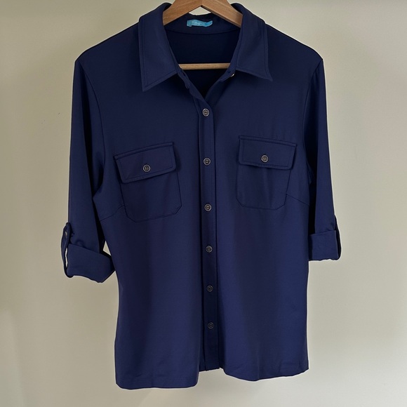 J.McLaughlin Monroe 3/4 Sleeve Navy Blue Button-Down Shirt - Picture 7 of 8